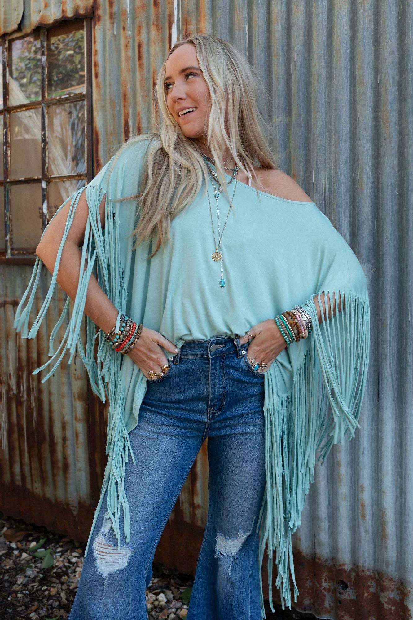 Three Bird Nest - Showstopper Fringe Top - Washed Seafoam