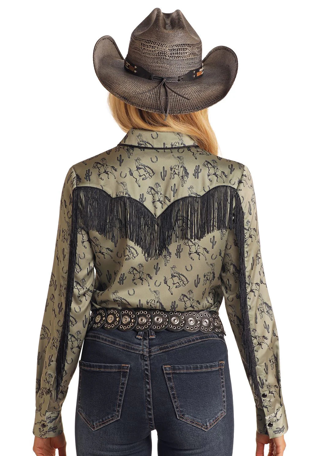 Rock & Roll Satin Snap Shirt with Fringe - Jade