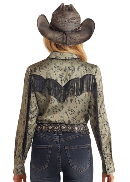 Rock & Roll Satin Snap Shirt with Fringe - Jade