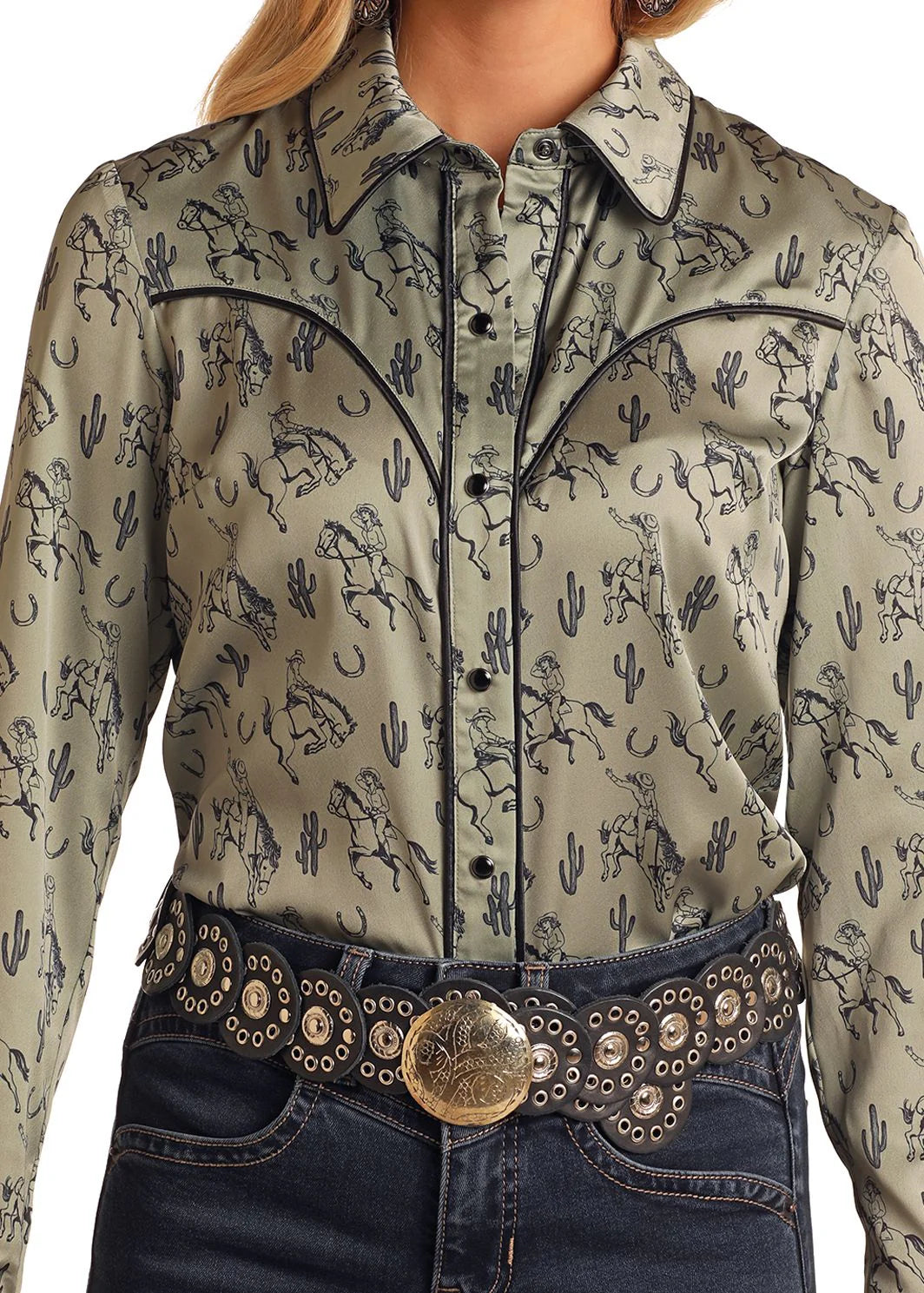 Rock & Roll Satin Snap Shirt with Fringe - Jade